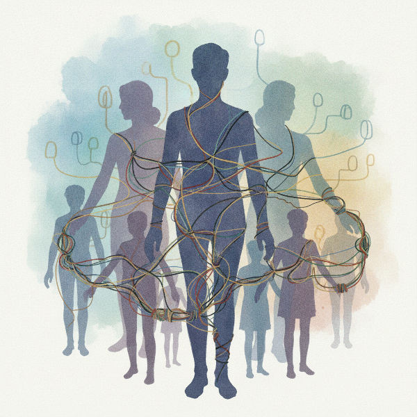 Silhouettes superposées reliées par des fils colorés évoquant l'héritage émotionnel familial.