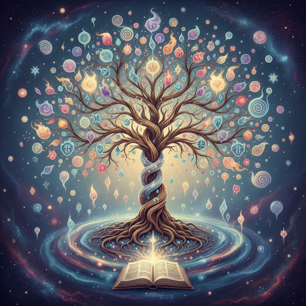 Un arbre généalogique symbolique dont les racines et les branches représentent l'héritage émotionnel familial, avec des émotions visibles flottant autour.