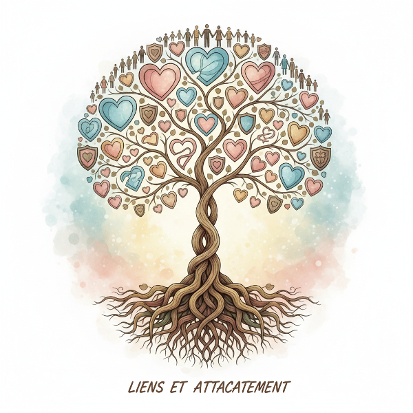 Une illustration symbolique d'un arbre dont les racines et les branches représentent les liens familiaux et les différents styles d'attachement affectif.