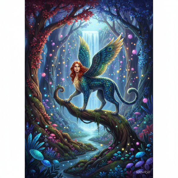 Une illustration représentant une créature fantastique hybride dans une forêt enchantée avec des effets lumineux magiques.