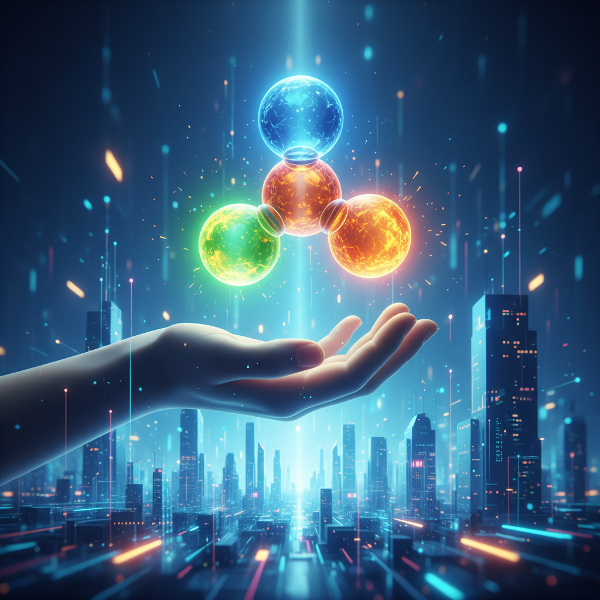 Une main humaine tenant une molécule symbolique aux couleurs vives, représentant les 'atomes professionnels', qui surplombe un environnement de travail abstrait et dynamique.