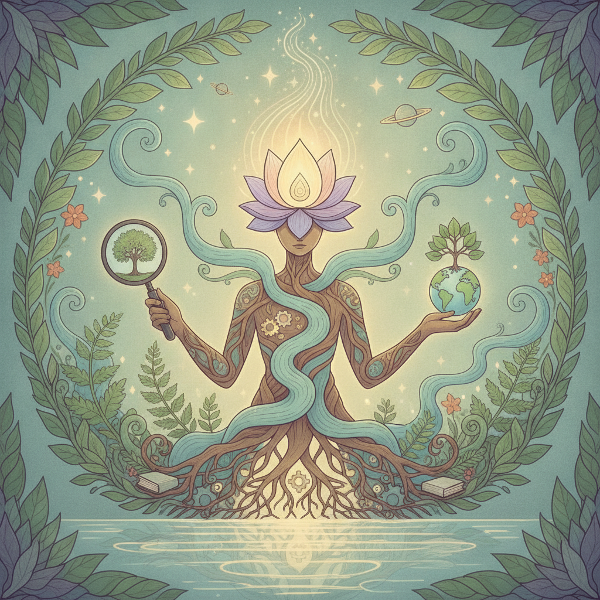 Une personne au centre, entourée de feuilles, branches et silhouettes d'arbres, avec un globe lumineux dans ses mains, évoquant le lien entre bien-être personnel et santé planétaire.
