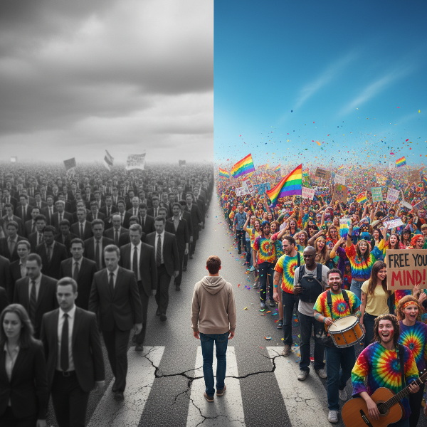 Une personne à un carrefour entre une foule grise et une manifestation colorée, symbolisant la conformité sociale contre la rébellion.