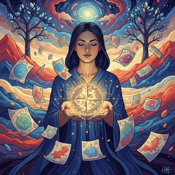 Une illustration symbolique d'une personne explorant sa cartographie intérieure avec une boussole lumineuse, entourée de territoires psychologiques abstraits.