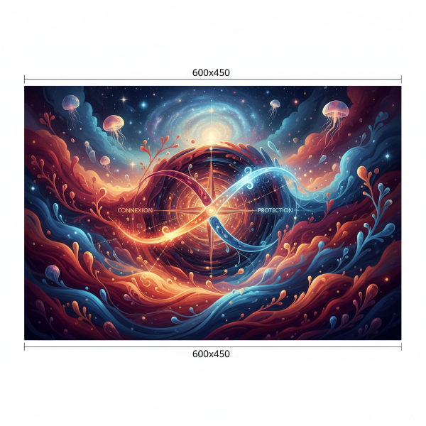 Une boussole symbolique avec des aiguilles fluctuantes, entourée de flux colorés abstraits évoquant les émotions et les schémes relationnels intimes, dans une atmosphère onirique et introspective.