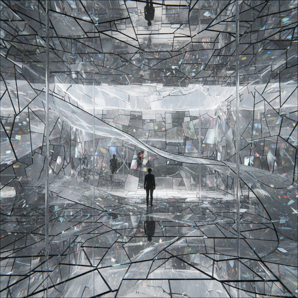 Une illustration métaphorique d'une identité architecturale intérieure, montrant des structures à la fois solides et fragmentées dans un espace abstrait.