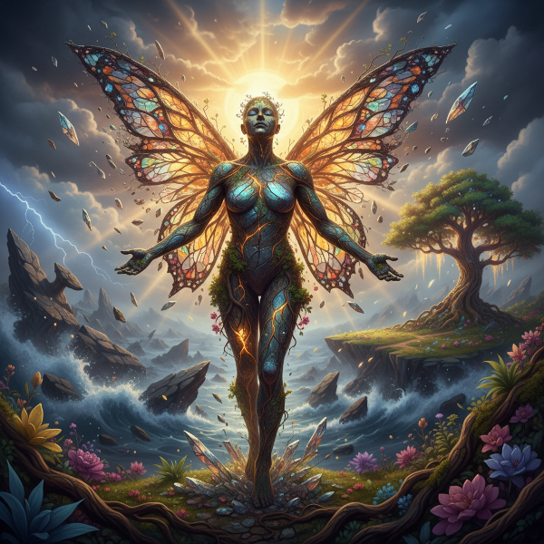 Une illustration symbolique d'une métamorphose intérieure, où une figure humaine émerge transformée d'un paysage chaotique, vers une lumière représentant la croissance personnelle.