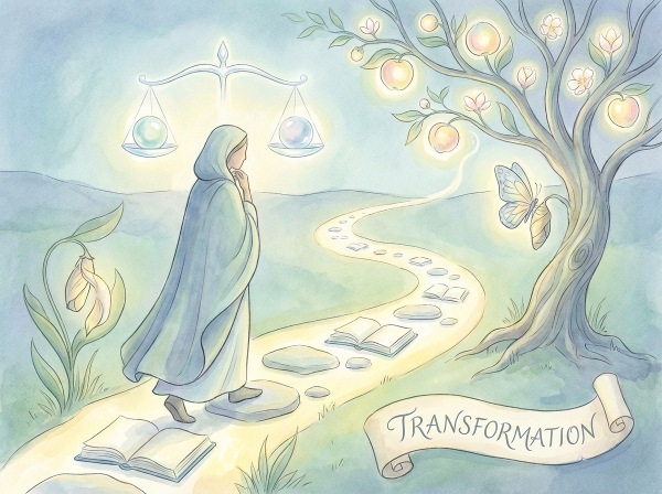 Une illustration symbolique montrant une personne en transition intérieure, trouvant l'équilibre et la direction au milieu du changement.