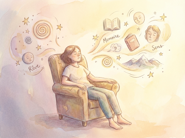 Une illustration onirique d'une personne en introspection, entourée de pensées visuelles flottantes et de symboles abstraits dans une lumière douce.