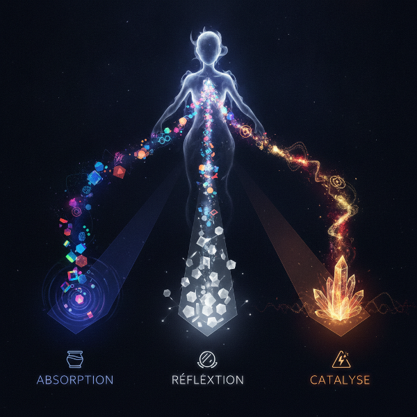 Image montrant un cerveau stylisé au centre, entouré de lignes de lumière colorées, avec trois branches symbolisant les trois profils de réaction aux sollicitations.