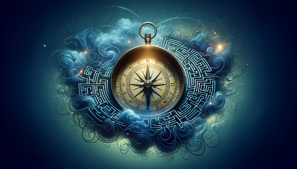 Une boussole énigmatique naviguant dans un labyrinthe abstrait de pensées et d'émotions, éclairée par des lueurs d'instincts et entourée d'ombres de dilemmes, dans un style symbolique et mystérieux.