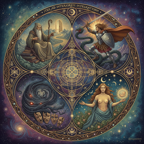 Une illustration symbolique représentant une constellation d'archétypes jungiens formant un mandala, évoquant un voyage intérieur vers l'intégration de la personnalité.