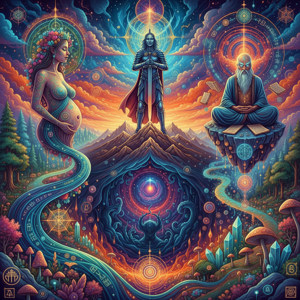 Une illustration symbolique des archétypes jungiens dans un paysage onirique, représentant l'inconscient collectif et l'auto-découverte.