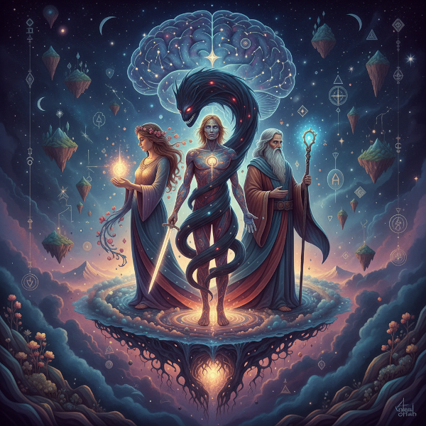 Une image symbolique montrant plusieurs archétypes jungiens émergeant d'un paysage mental, illustrant l'exploration de l'inconscient collectif.