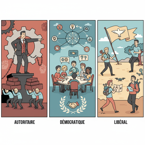 Image montrant trois leaders différents entourés d'équipes, illustrant les styles autoritaire, démocratique et libéral.
