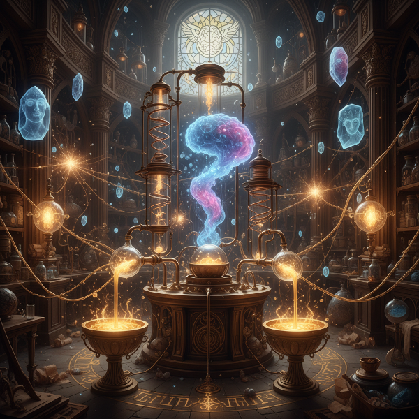 Illustration d'un laboratoire alchimique intérieur où des éléments mentaux se transforment en concepts brillants, symbolisant le processus créatif.