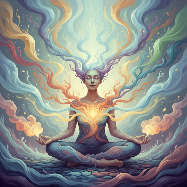 Une illustration abstraite montrant la transformation d'états mentaux en sensations corporelles, symbolisant l'équilibre entre pensées, émotions et signaux du corps.