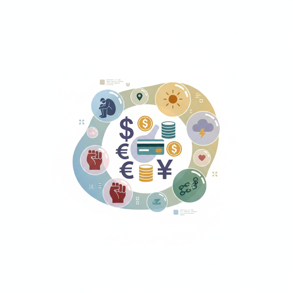 Une illustration représentant des symboles financiers (pièces, billets) entourés de bulles représentant des émotions, sur fond sobre et lumineux.