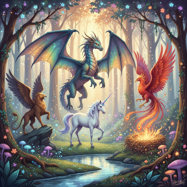 Une scène magique dans une forêt enchantée où un dragon, une licorne, un phénix et un griffon sont réunis, baignée d'une lumière féerique.