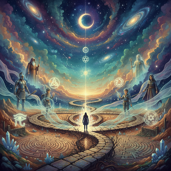 Une illustration allégorique représentant un voyageur à un carrefour de chemins symboliques, entouré de motifs mythologiques flottants et d'éléments de contes, évoquant un parcours initiatique personnel.