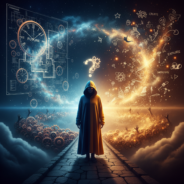 Illustration d'une personne entre deux chemins, symbolisant le choix entre planification rigoureuse et action spontanée.