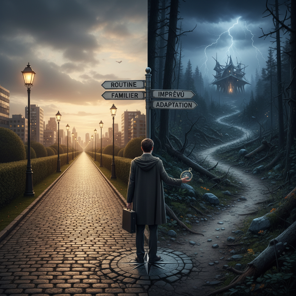Une illustration symbolique d'un individu à la croisée d'un chemin structuré et d'un chemin imprévisible, représentant la tension entre la stabilité des routines et l'adaptation au changement.