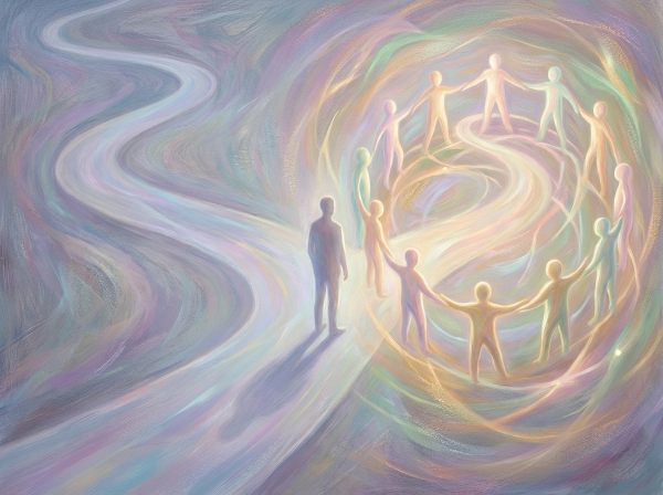 Une illustration abstraite montrant un individu entre l'autonomie d'un chemin solitaire et l'appartenance à un groupe connecté.