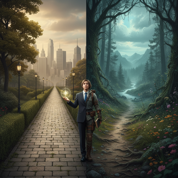 Illustration d'une personne hésitant entre un chemin droit et ordonné et un chemin sinueux et aventureux, représentant la tension entre structure et nouveauté.