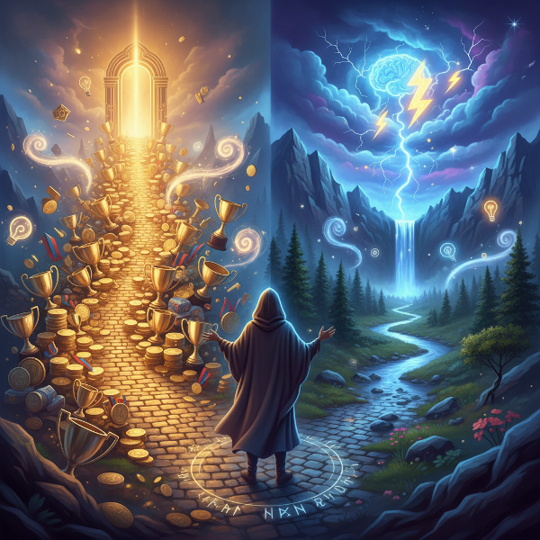 Illustration symbolique montrant un choix entre motivation extrinsèque (récompenses matérielles) et motivation intrinsèque (épanouissement personnel).