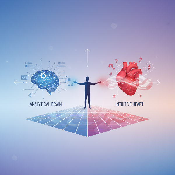 Une illustration infographique montrant une personne à un carrefour, avec des chemins symbolisant la logique et l'intuition.