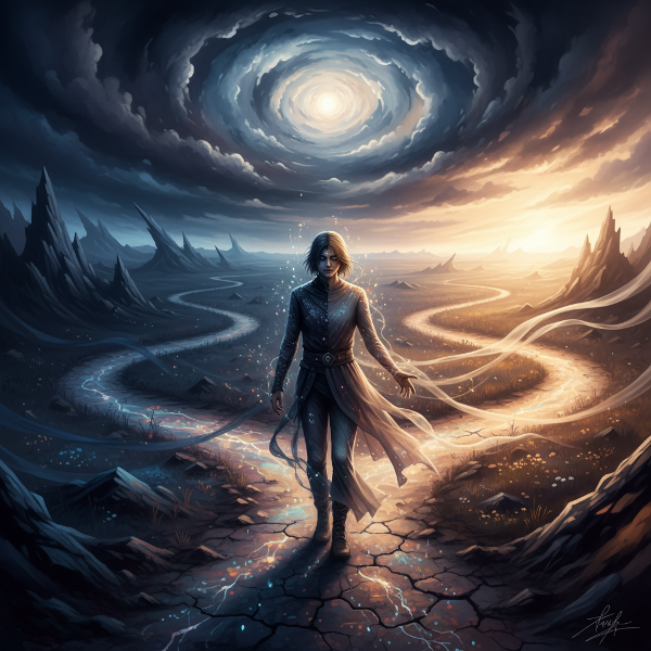 Une illustration symbolique d'un individu naviguant à travers les changements de la vie, à la croisée de chemins évolutifs, entre ombres et lumières.