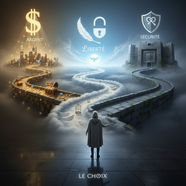 Illustration métaphorique d'un individu à un carrefour de choix financiers, où chaque chemin symbolise une motivation psychologique différente liée à l'argent.