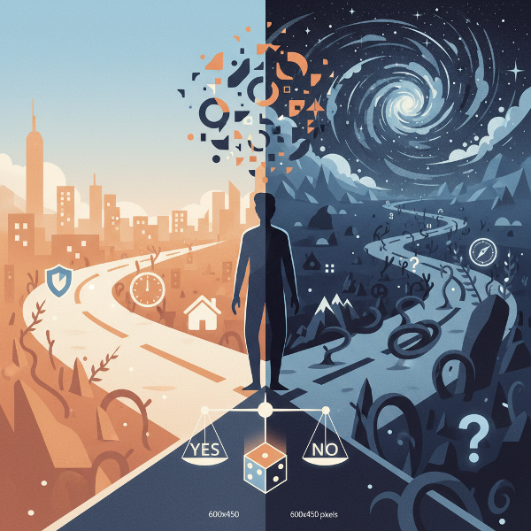 Illustration d'une personne hésitant entre un chemin sûr et un chemin aventureux, symbolisant les choix face à l'incertitude.
