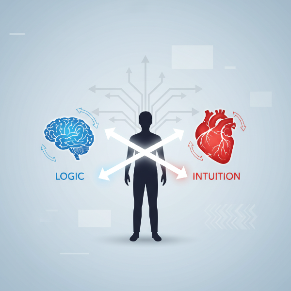 Illustration abstraite d'une personne face à un choix, avec des symboles de logique et d'intuition, représentant le processus décisionnel.