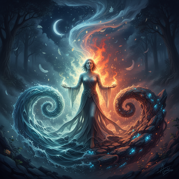 Une illustration symbolique montrant une figure humaine connectée aux quatre éléments fondamentaux - eau, terre, feu et air - qui s'entremêlent dans un équilibre dynamique.