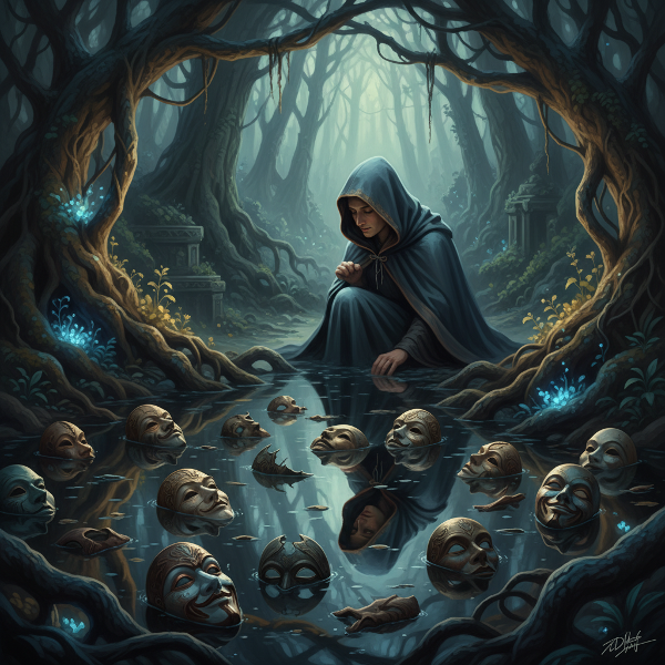 Image symbolique d'une introspection profonde, avec un reflet, des masques et des racines lumineuses représentant la quête d'authenticité.