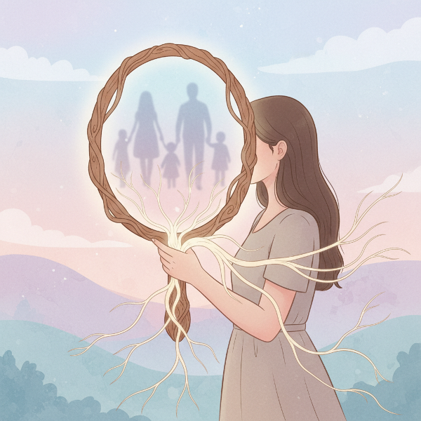 Une illustration symbolique montrant une personne confrontée à son héritage familial, avec des racines représentant les liens transgénérationnels et un miroir reflétant le passé.