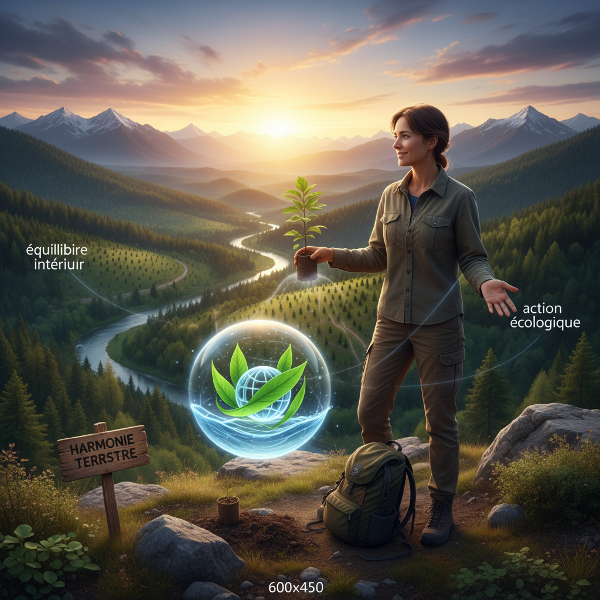 Une illustration montrant une personne en harmonie avec la nature, représentant la recherche d'équilibre entre engagement écologique et paix intérieure.