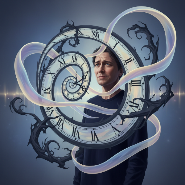 Une illustration symbolique du rapport au temps, montrant une horloge déformée entourée d'ombres de stress et de lumières de sérénité.