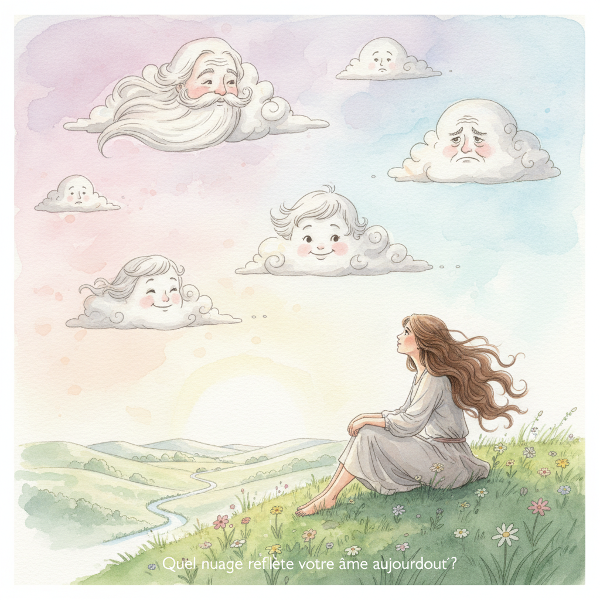 Illustration douce et poétique montrant une personne regardant des nuages aux visages expressifs dans un ciel pastel