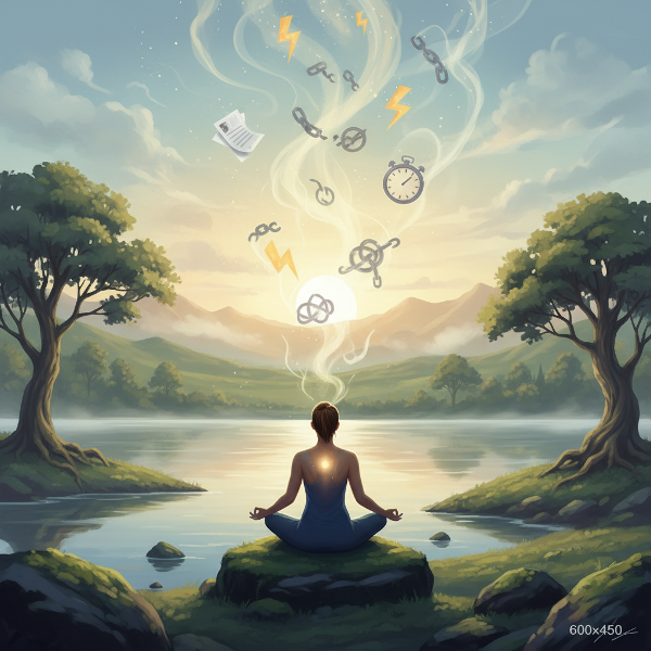 Une illustration apaisante montrant une personne en méditation dans un environnement naturel, avec des éléments de stress qui s'évaporent, symbolisant la gestion du stress et le retour au calme.