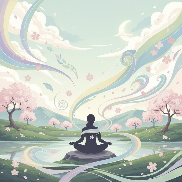 Illustration d'une personne en méditation entourée d'ondes émotionnelles qui se transforment en motifs équilibrés, symbolisant la régulation émotionnelle intérieure.