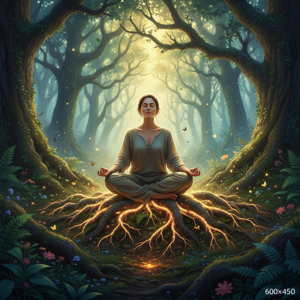 Illustration d'une personne en méditation, entourée par la nature, symbolisant l'harmonie entre la paix intérieure et la connexion à la Terre.