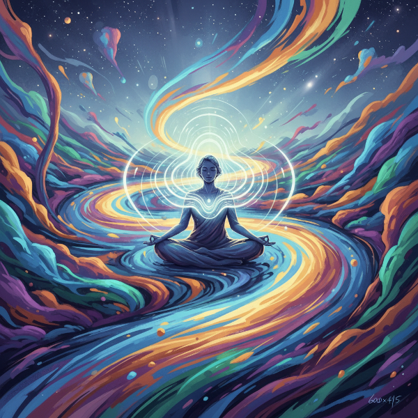 Une illustration symbolique montrant une personne en harmonie avec des flux d'énergie psychologique colorés, représentant l'équilibre entre motivation, concentration et sérénité.