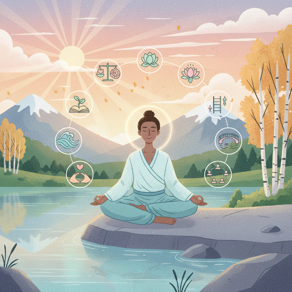Illustration d'une personne en méditation dans un environnement naturel paisible, avec des symboles visuels représentant les différentes dimensions du bien-être subjectif.