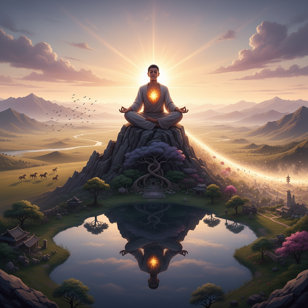 Une personne en pleine conscience, un feu symbolique au cœur, entourée de paysages évoquant les aspirations profondes.