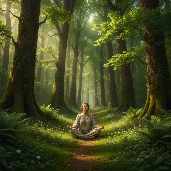 Une illustration montrant une personne en méditation au cœur d'une forêt paisible, représentant l'harmonie entre l'humain et la nature.