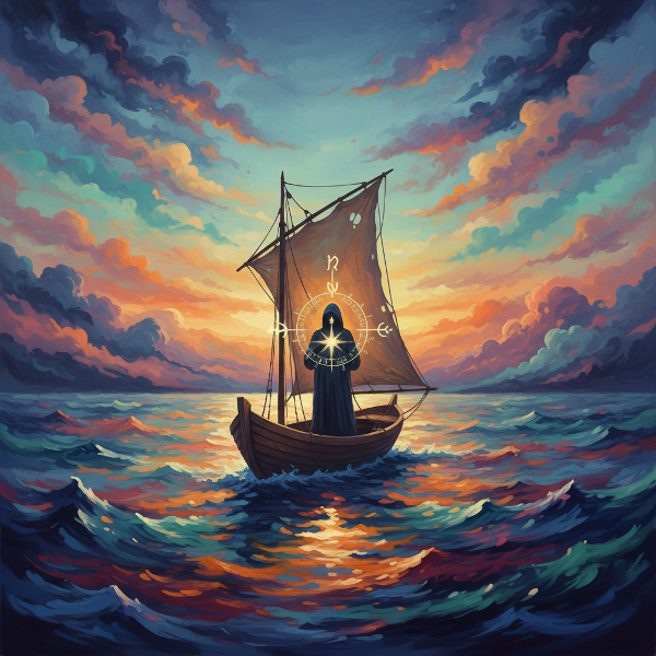 Une illustration métaphorique d'une personne naviguant sur une mer d'émotions colorées et changeantes, avec une boussole intérieure, représentant le voyage de découverte de soi.