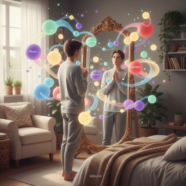 Une illustration représentant la réflexion intérieure et la régulation des émotions à travers des formes abstraites et colorées.