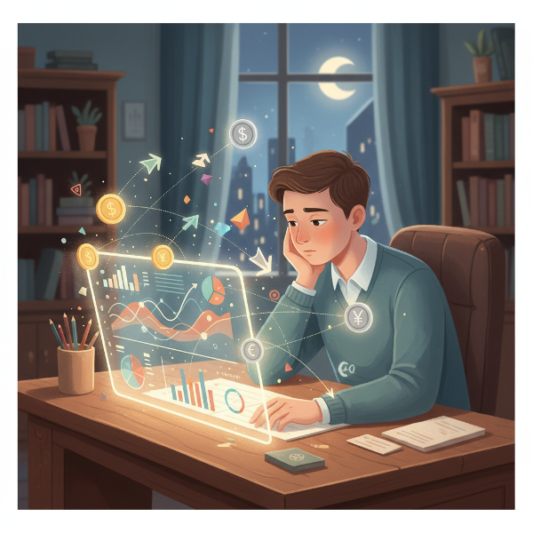 Illustration d'une personne analysant ses finances, entourée d'éléments symboliques comme des pièces et des graphiques, évoquant la réflexion et la maîtrise des choix financiers.